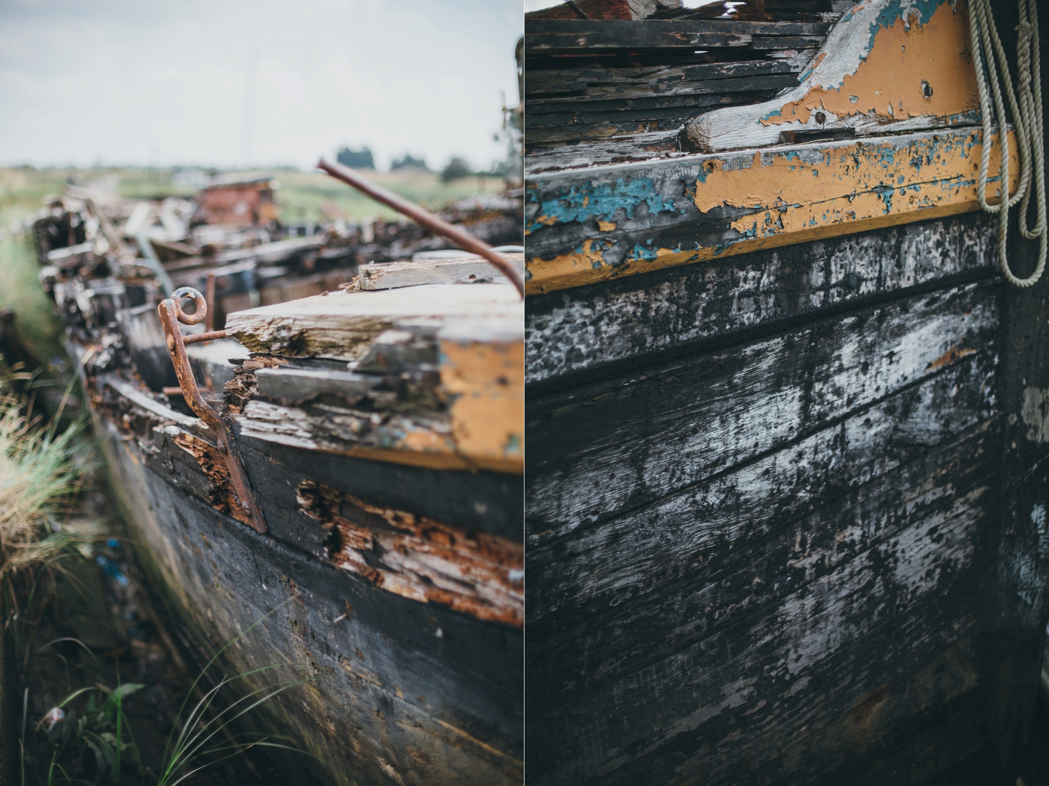 two shots of an old wooden barge with peeling paint