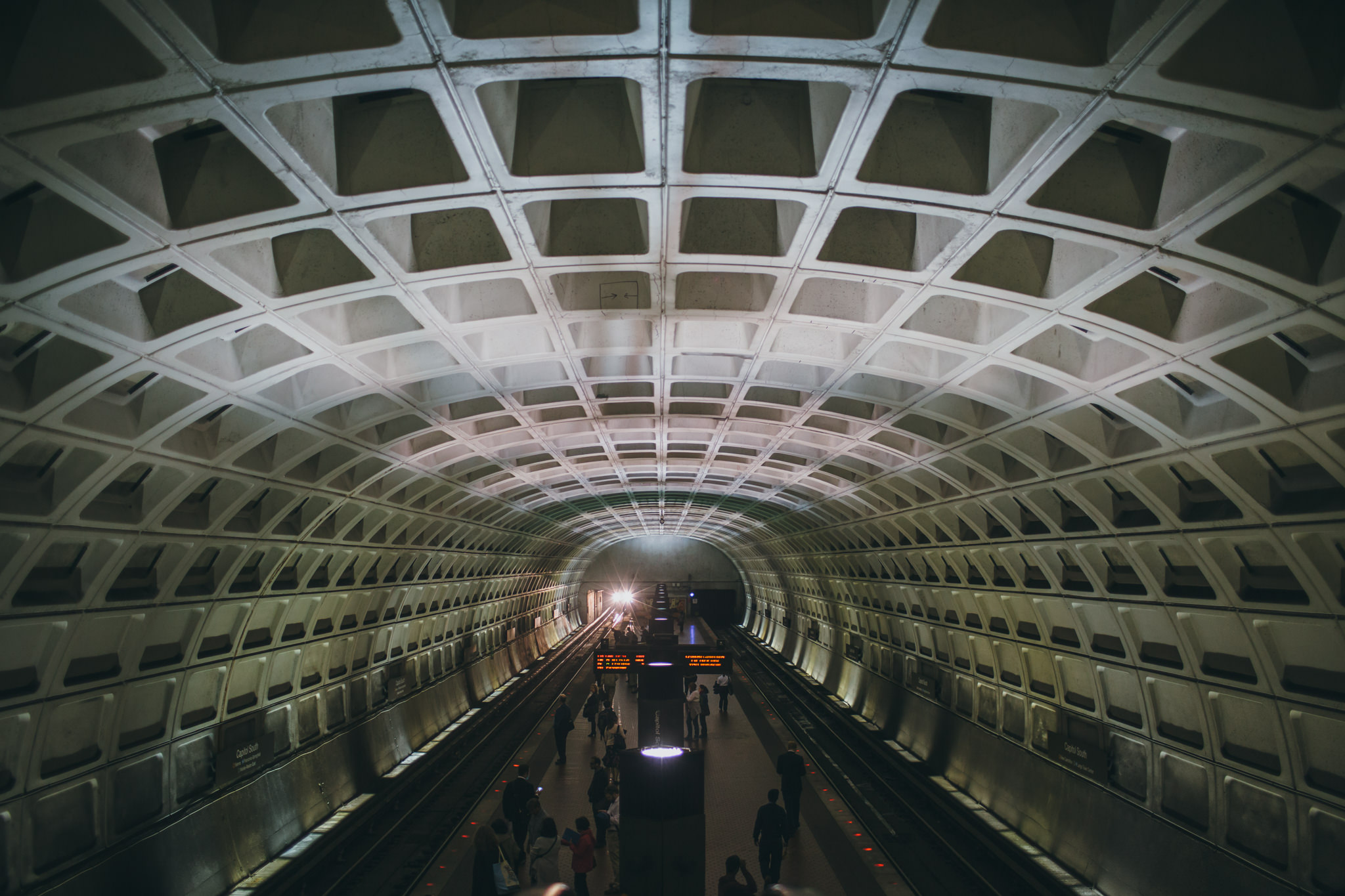 A train pulling into an underground station in Washington D.C.