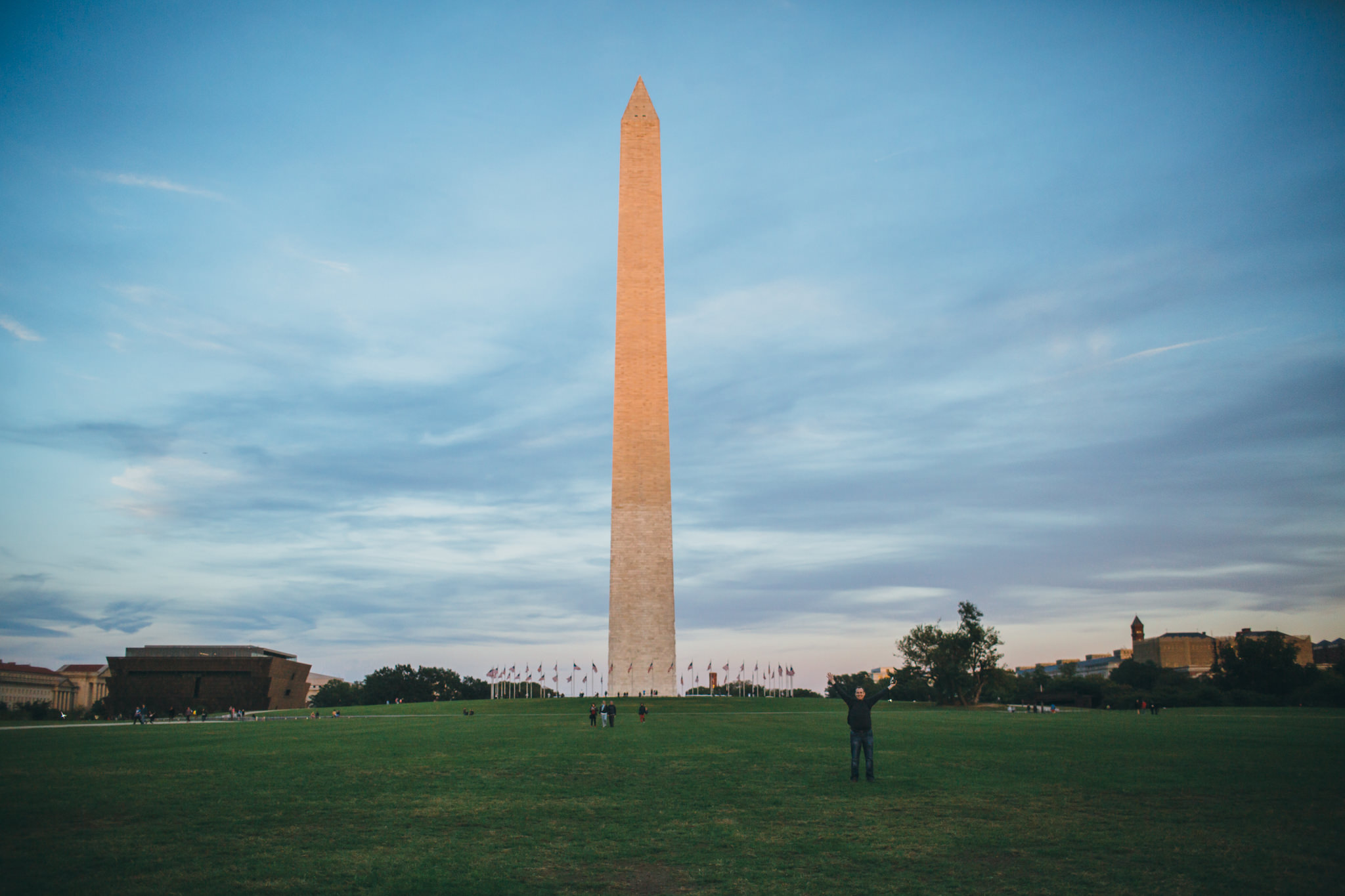 Golden sunlight shining on Washington monument