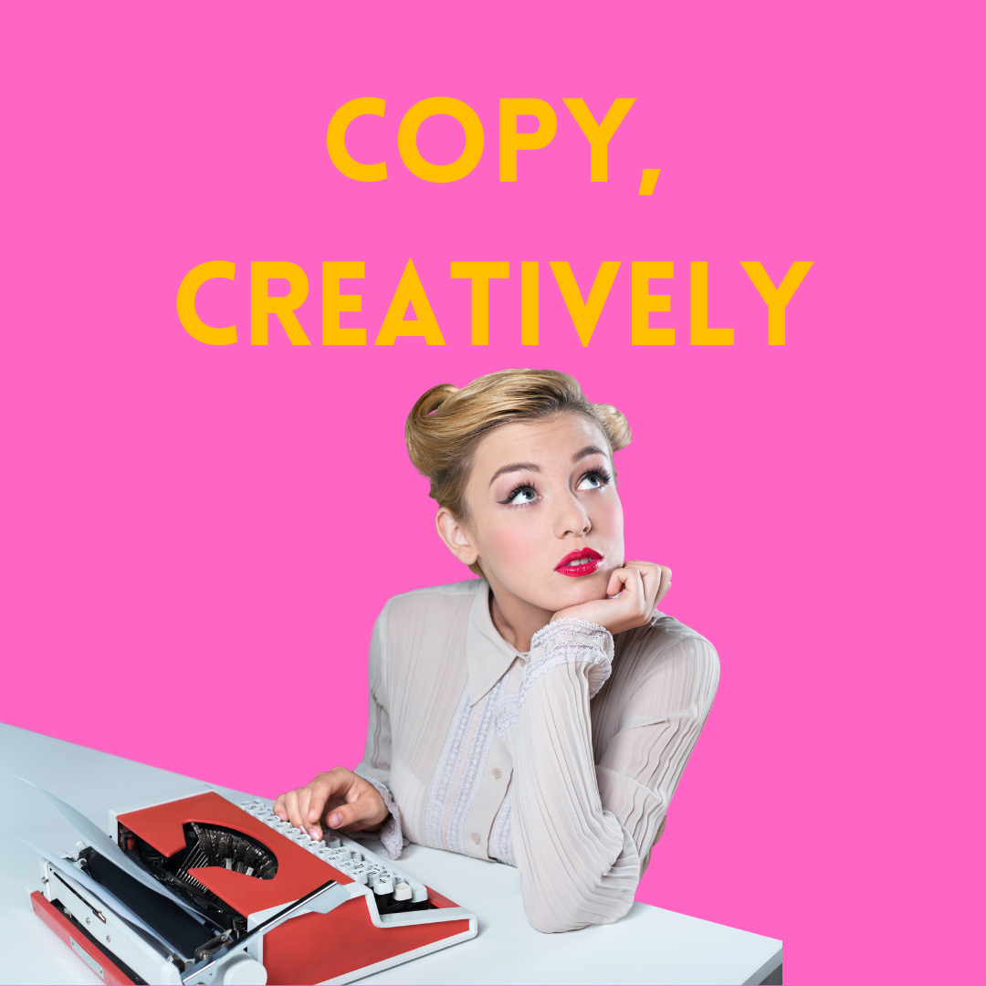 Woman ponders over red typewriter with the words Copy, Creatively above her